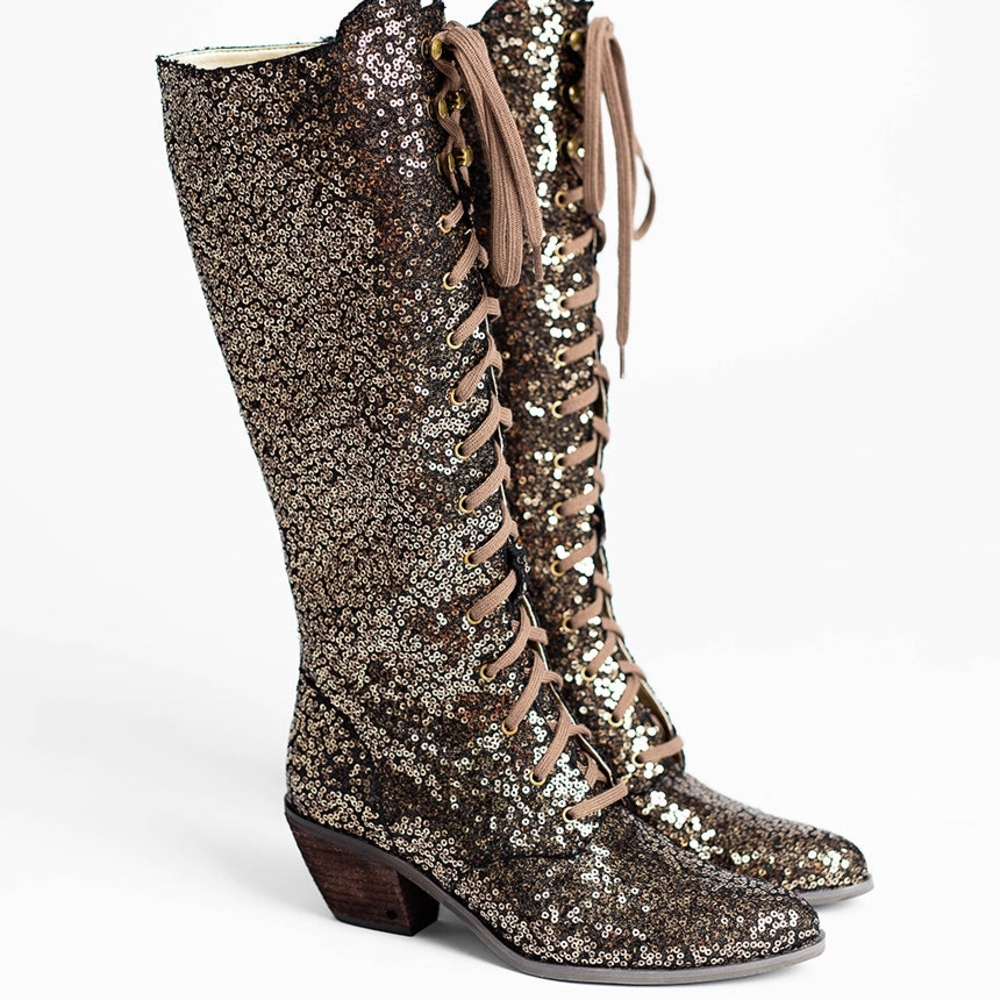 Joyfolie Bryce Boots In Bronze Sequin Lace-Up Knee-High - Sz9